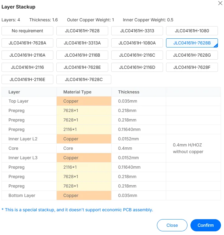 JLCPCB Layer Stackup 화면: 4층 1.6mm 외층 1oz 내층 0.5oz 조건에서 JLC04161H-7628B가 선택된 상태